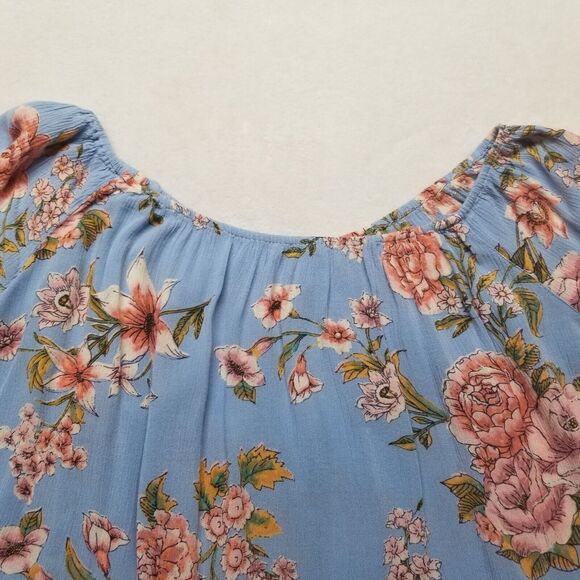 Billabong Large Crop Top Blouse Balloon Sleeve Blue Floral Crepe Flowy Beach - Picture 4 of 10